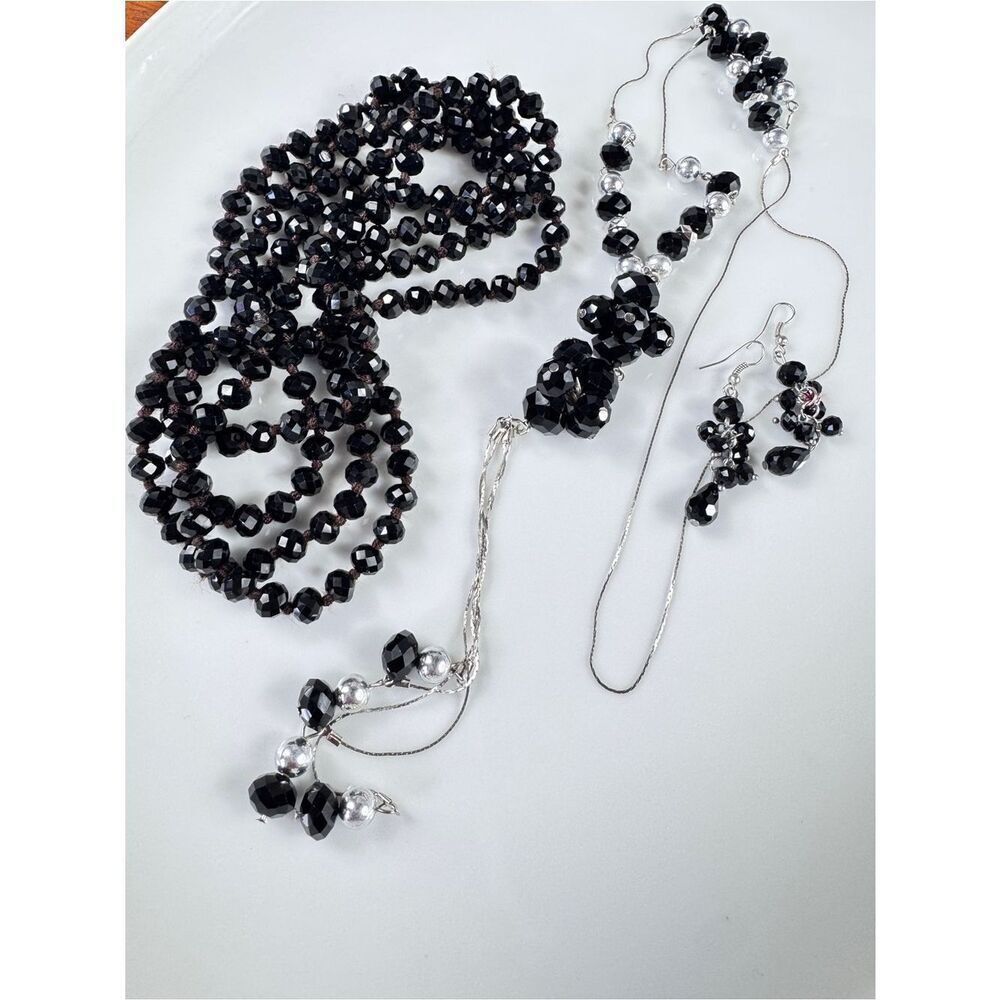 3 Piece LOT Elegant Black Glass Beaded Necklaces and Earrings Set
